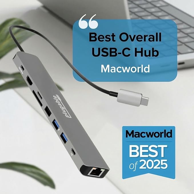 Plugable USB C Hub Multiport Adapter: 9-in-1 with 140W PD Charging, 4K 60Hz HDMI, 10Gbps Data Transfer, Gigabit Ethernet, SD for USBC, USB4, Thunderbolt MacBook, Windows, Chromebook (USBC-9IN1E)