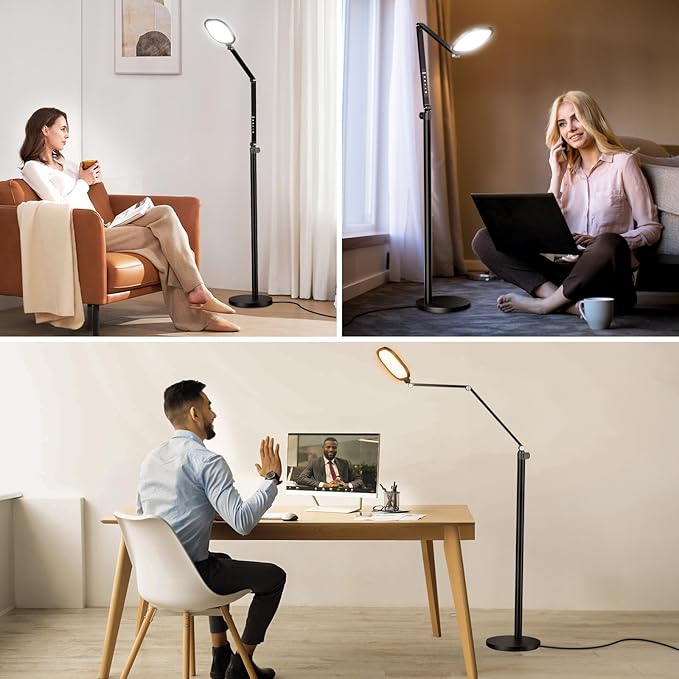 LitONES Ring Light with Stand, 15W Dimmable Zoom Lighting for Computer, Home Office, Reading, Video Calls, 66 Inches Floor Lamp with Flexible Swing Arm, AC Plug, Remote, Memory & Timer CRI >95