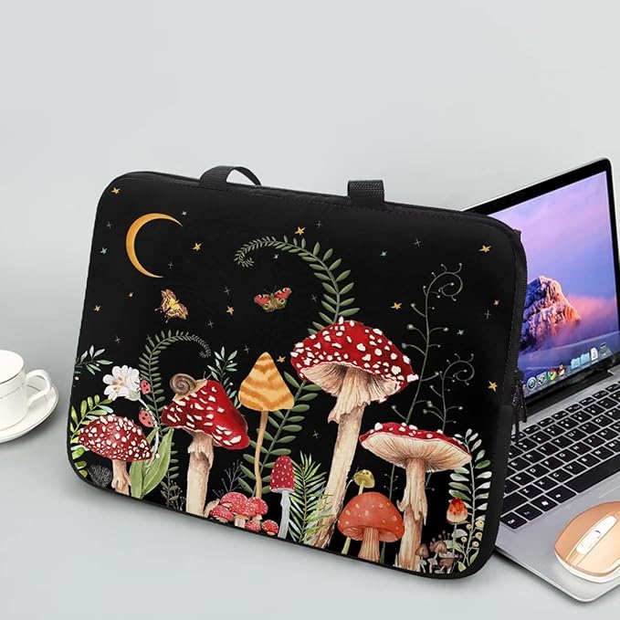 17 Inch Mushroom Laptop Sleeve, Protective Tablet Case with Handle, Shockproof Computer Bag Carrying Case Portable Notebook Cover Messenger Briefcase for Travel/Business/School/Men/Women