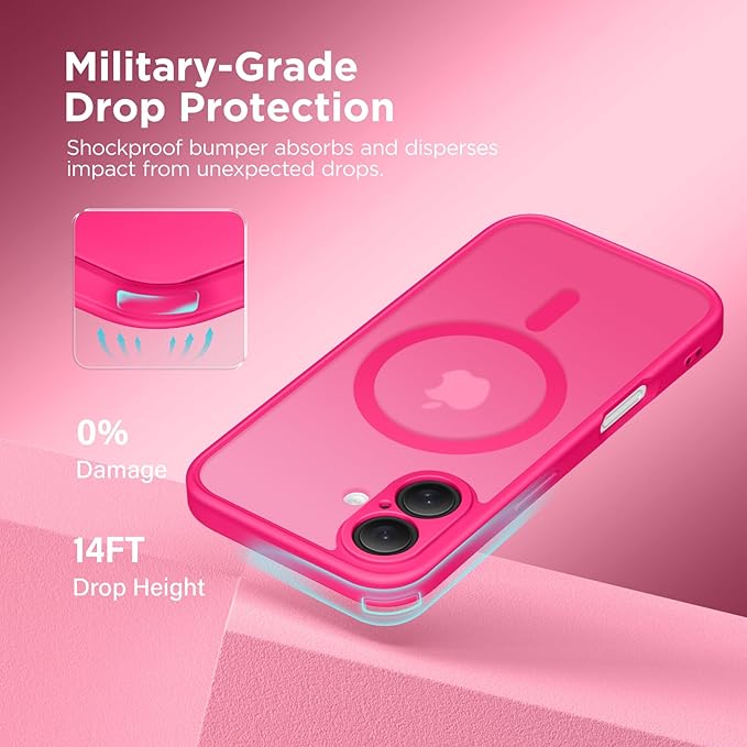 CAPRARO Magnetic Compatible with iPhone 16 Case, Upgraded [Full Camera Protection] [Compatible with MagSafe] Protective Translucent Matte Women Girl Phone Case Cover, Hot Pink