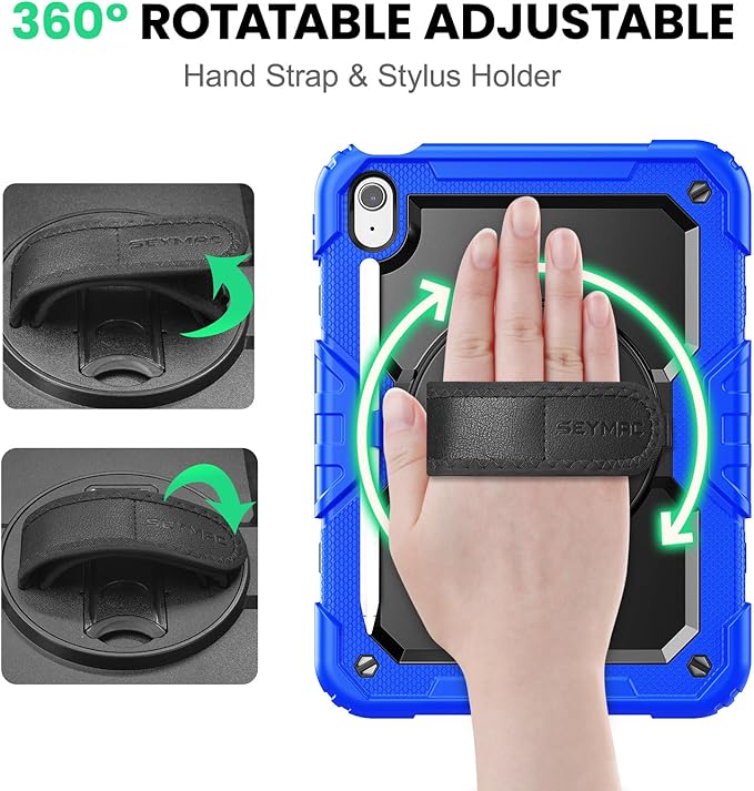 SEYMAC Case for iPad (A16) 11th/10th Generation 2025/2022 (11″/10.9″), Sturdy Heavy Duty Full-Body Shockproof Protective Case with Screen Protector, Rotating Stand, Hand/Shoulder Strap, Black/Blue