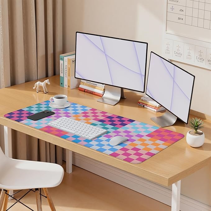 iLeadon Desk Mat, Computer Desktop Pad, Colorful Checkered Mouse Pad, Large Rubber Base Mousepad with Stitched Edges, Keyboard Mat for Women Office, Home