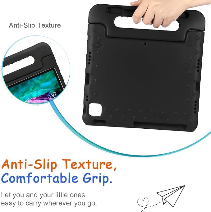 Kids Case for iPad Pro 11" 2022/2021/2020 (4th/3rd/2nd Gen), Techcircle [Support Pencil Charging] Handle Stand Lightweight EVA Foam Bumper Protective Rugged Drop Protection Child Proof Cover, Black