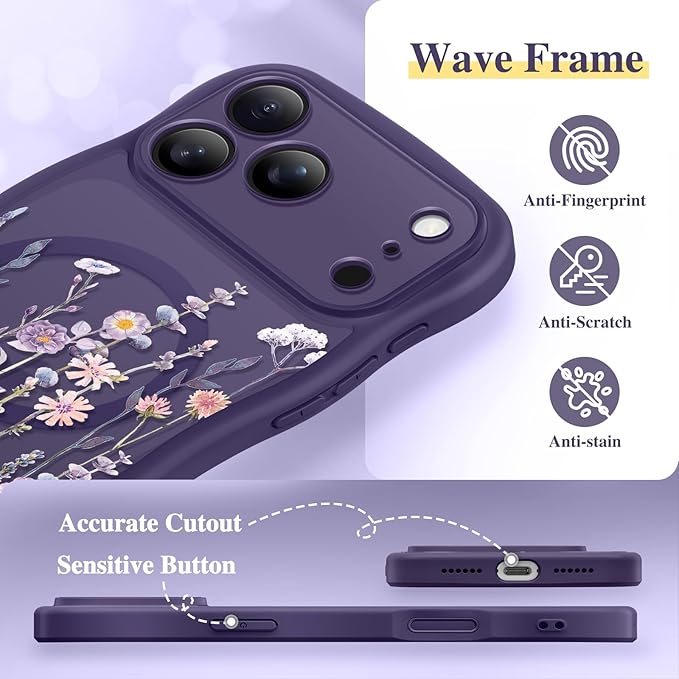 GVIEWIN for iPhone 17 Pro Max Case Compatible with MagSafe [Curly Wave Edge][Full Camera Protection] Floral Translucent Shockproof Magnetic Women Phone Case for 17 Pro Max, Floratopia/Deep Purple