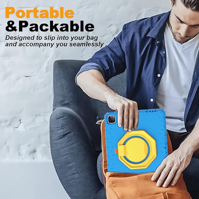 for iPad Pro 12.9 Case 6th/5th/4th/3rd Generation with 360° Rotating Stand & Pencil Holder, Heavy Duty Cute Cover for iPad Pro 12.9 inch 2022/2021/2020/2018, Blue