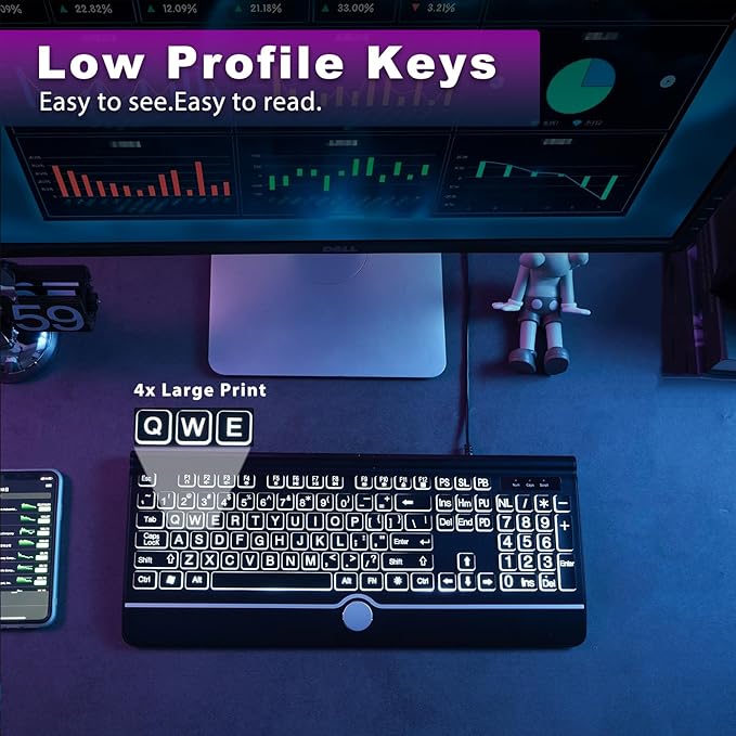 Backlit Large Print Keyboard, Wired Light Up Keyboards with 7-Color Backlit, Wrist Rest, Oversize Letters Keys Easy to See and Type, Corded Full-Size Keyboard for Windows Desktop, Laptop, PC, Gaming
