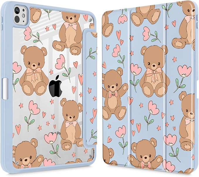 May Chen for iPad Pro 13 Inch Case M5 2025 / M4 2024, Built Pencil Holder & Clear Transparent Print Back Shell Slim Stand Shockproof Tablet Cover, Auto Wake/Sleep, Cute Teddy Bear