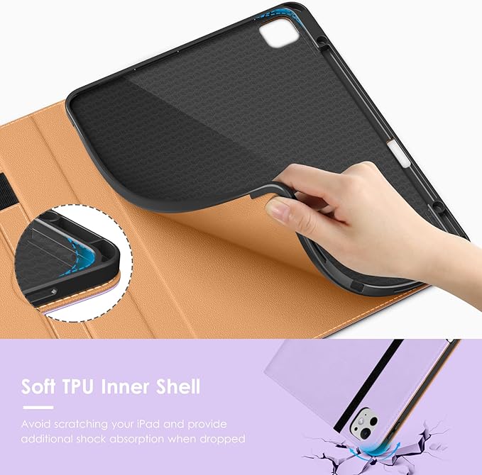 VIKESI Case for iPad Pro 13-inch M5 or M4 Released in 2025 or 2024, Leather Stand Cover with Apple Pencil Holder, Auto Wake/Sleep, Multiple Viewing Angles, Built in Hand Strap & Pocket,Lavender