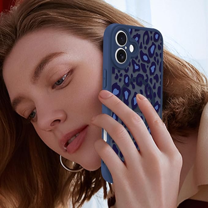 KANGHAR Case for iPhone 16 Blue Leopard Printed Pattern Cute Cheetah [Compatible with Magsafe] Protective Magnetic Case for Girls Women 6.1"
