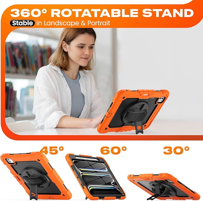 SEYMAC stock Case for iPad Pro 11-inch M5-M4 2025-2024, Shockproof Heavy Duty Case with Screen Protector, Pencil Holder, Rotating Stand, Hand Strap, Shoulder Strap, Orange