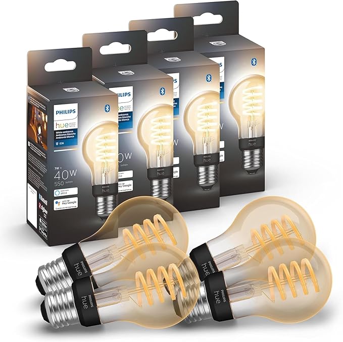 Philips Hue Smart 40W A19 Filament LED Bulb - White Ambiance Warm-to-Cool White Light - 4 Pack - 550LM - E26 - Indoor - Control with Hue App - Works with Alexa, Google Assistant and Apple Homekit