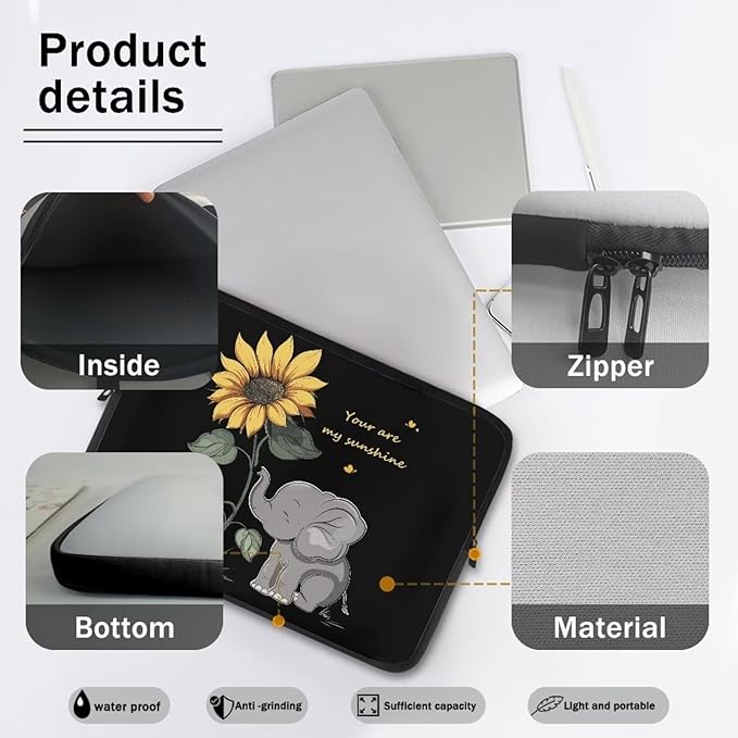 Sunflower Elephant Laptop Sleeve Case for Kids 13 Inch Laptop Protector with Multiple Uses Lightweight Computer Sleeve Tablet Bag Laptop Carrying Case Gifts for Girls Black