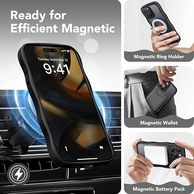 CAPRARO for iPhone 16 Pro Case for Women Girls, Upgraded [Full Camera Protection] [Compatible with MagSafe] Cute Wave Translucent Matte Phone Case for iPhone 16 Pro, Black