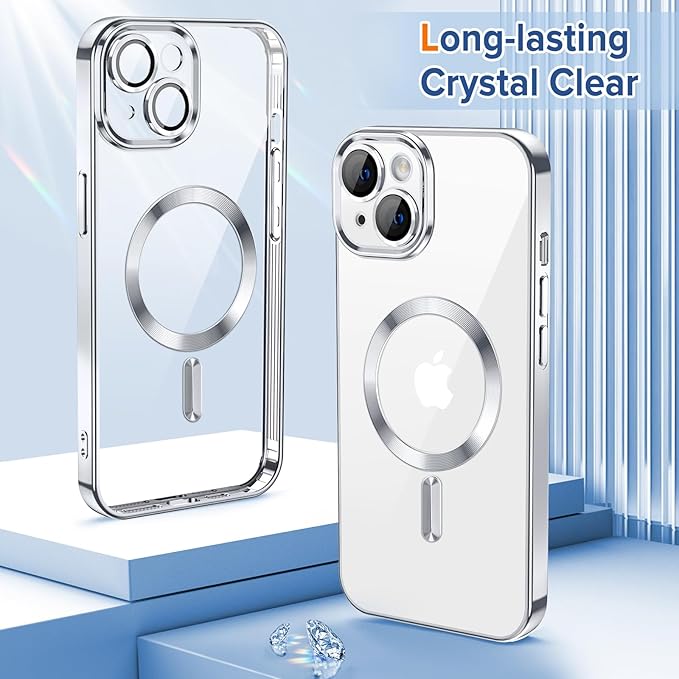 Hython Magnetic Clear for iPhone 13 Case with Camera Lens Protector [Compatible with MagSafe] Luxury Plating Edge Slim Soft TPU Cover Protective Phone Case for iPhone 13 6.1", Silver