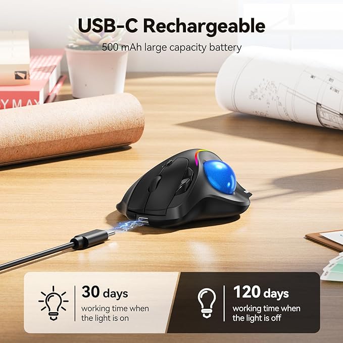TECKNET Pro Wireless Trackball Mouse, Bluetooth Mouse with Ergonomic Thumb Control, USB-C Rechargeable, RGB Light Mice with Adjustable DPI, 3-Device Connectivity (BT or 2.4G),for PC/Mac/Laptop - Black