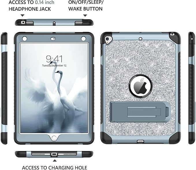 YINLAI Case for iPad 6th Generation,iPad 5th Generation Case,iPad 9.7 Case,Glitter Women Shockproof Drop Protection Cover with Kickstand iPad 9.7 inch iPad Air2 A1893/A1954/A1822/A1823,Titanium Blue