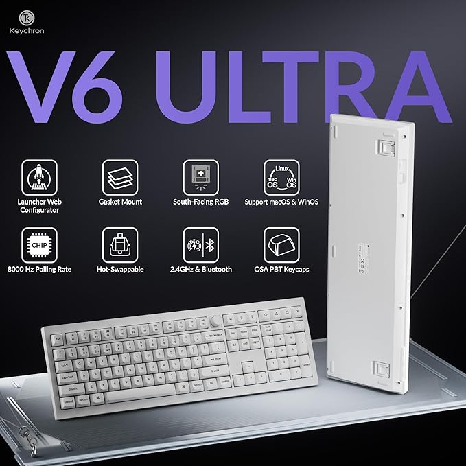 Keychron V6 Ultra 8K Full Size Wireless Mechanical Keyboard, 8000Hz, Hot-Swappable Brown Switch, RGB Backlight, PBT Keycaps, 2.4GHz/Bluetooth/Wired, ZMK/Web Launcher, for Windows macOS Linux – White