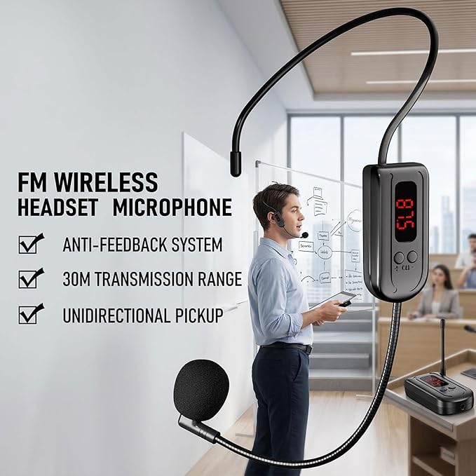 Wireless FM Condenser Microphone Headset, Hands-Free with Rechargeable Battery, Megaphone Mic for Voice Amplifier, Church, Tour Guide Salesman Teachers Conference Road Trips and Karaoke