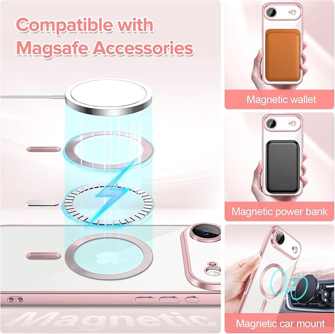 Hython Magnetic Clear for iPhone Air Case with Camera Lens Protector [Compatible with MagSafe] Luxury Plating Edge Slim Soft TPU Cover Protective Phone Case for iPhone Air 6.5", Matte Pink