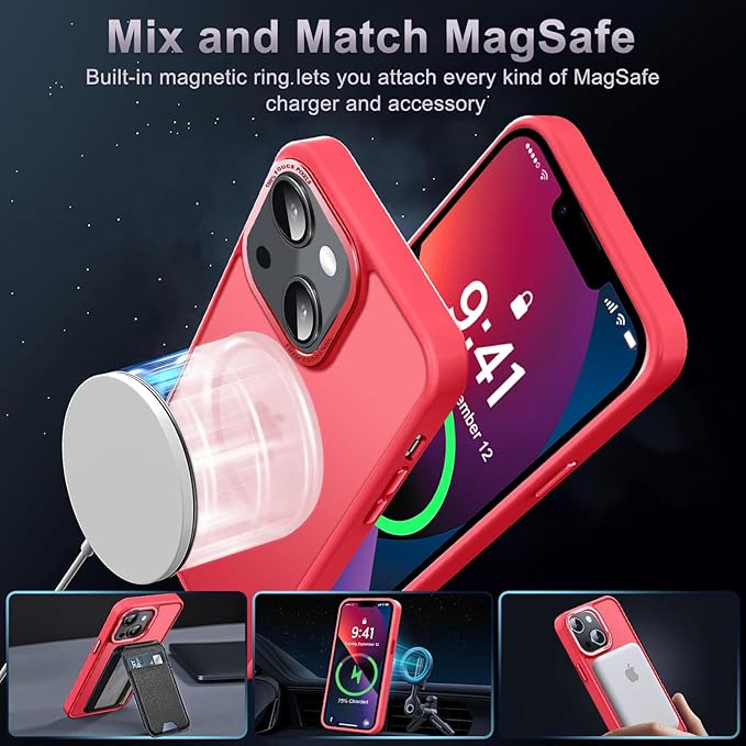 Newfuture Designed for iPhone 13 Case & iPhone 14 Case with Magnetic [13 FT Military Drop Protection] [Compatible with Magsafe] Slim Translucent Shockproof with Anti-Fingerprint Phone Case, Red