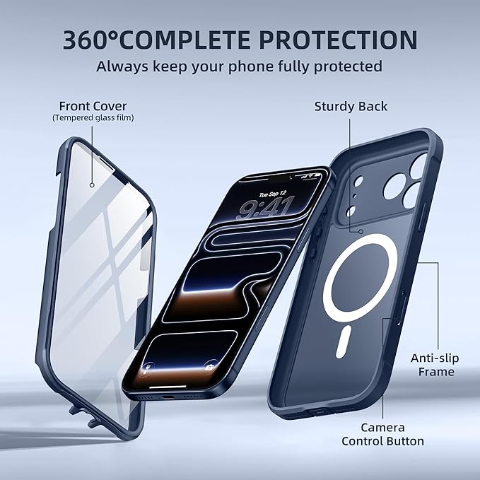 BERFY for iPhone 17 Pro Max Case, Compatible with MagSafe, Built-in Glass Screen Protector, Camera Protection, Shockproof Full Body Phone case 6.9", Translucent Blue