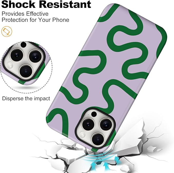 Magnetic for iPhone 15 Case Cute Curved Stripes Phone Case, Shockproof Slim TPU and Hard PC Protective Phone Cover Compatible with MagSafe Designed for Women Girls,Green