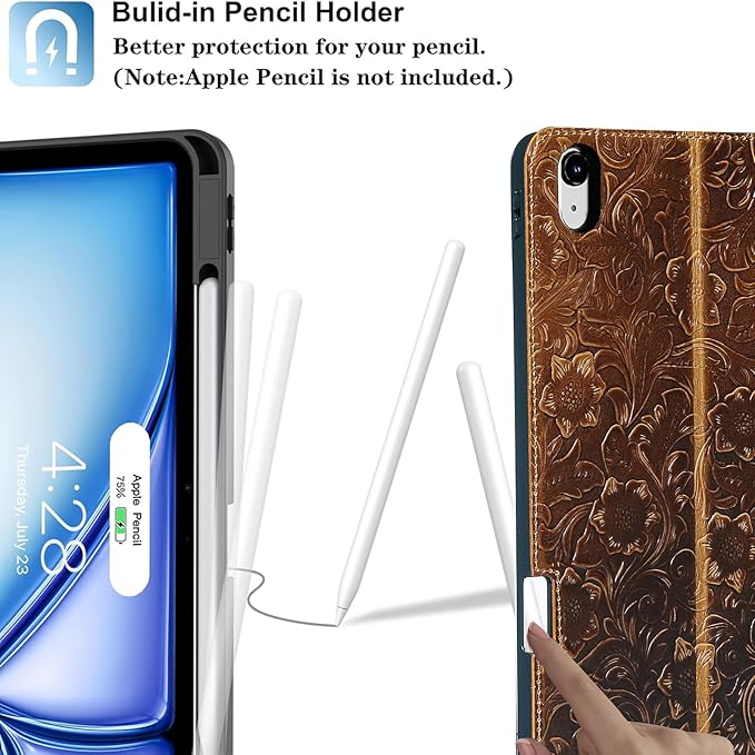 Gexmil Genuine Leather Case for iPad Pro 11 Inch (M5/M4) 2025/2024 with Pencil Holder,Protective Shockproof Leather Smart Folio Cover Adjustable Stand Auto Sleep/Wake Anti-Slip, Flower Brown