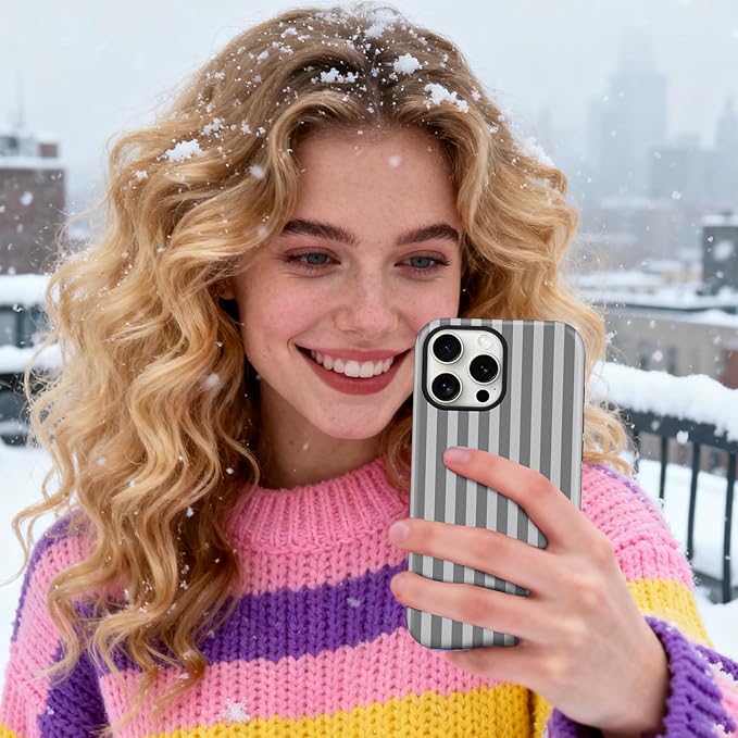 Magnetic for iPhone 15 Case Cute Stripes Phone Case, Shockproof Slim TPU and Hard PC Protective Phone Cover Compatible with MagSafe Designed for Women Girls, Gray
