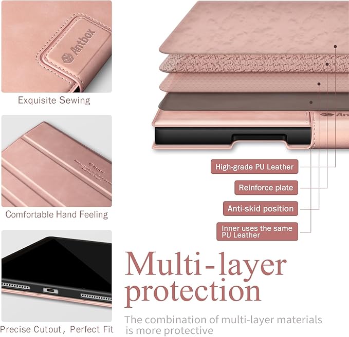 Antbox for iPad Pro 11 Inch Case M5 2025/M4 2024, Premium Vegan Leather, Supports Pencil Pro and Pencil (USB-C), Auto Sleep/Wake Function, Built-in Pencil Holder (Pink)