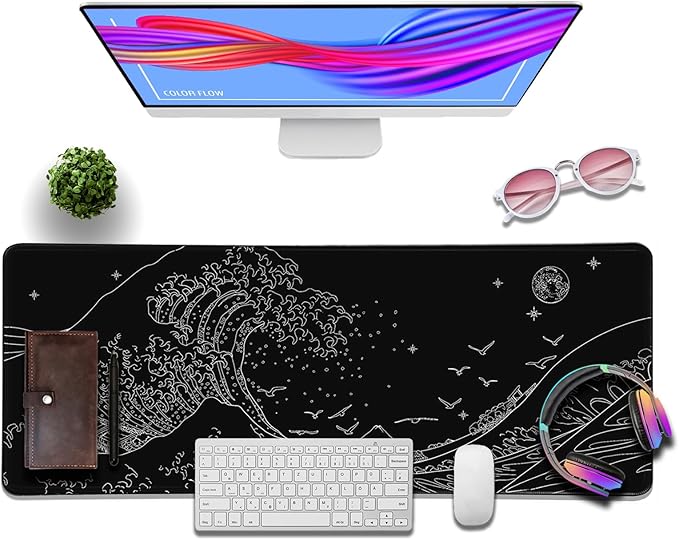 MEWOOCUE® Large Gaming Mouse Pad for Computer,Black Japanese Sea Wave Anime Mouse Mat,Long XXL Waterproof Keyboard Pads,Big Non-Slip Mouse Pads for Game Office Home（31.5 x 11.9 in）
