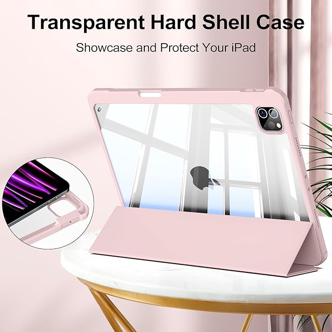 JKSML Case for iPad Pro 11, Case with Pencil Holder for iPad Pro 11 Inch 4th/3rd/2nd Generation 2022/2021/2020, Transparent Protective Cover for iPad Pro 11, Supports Pencil 2 Charging, Pink