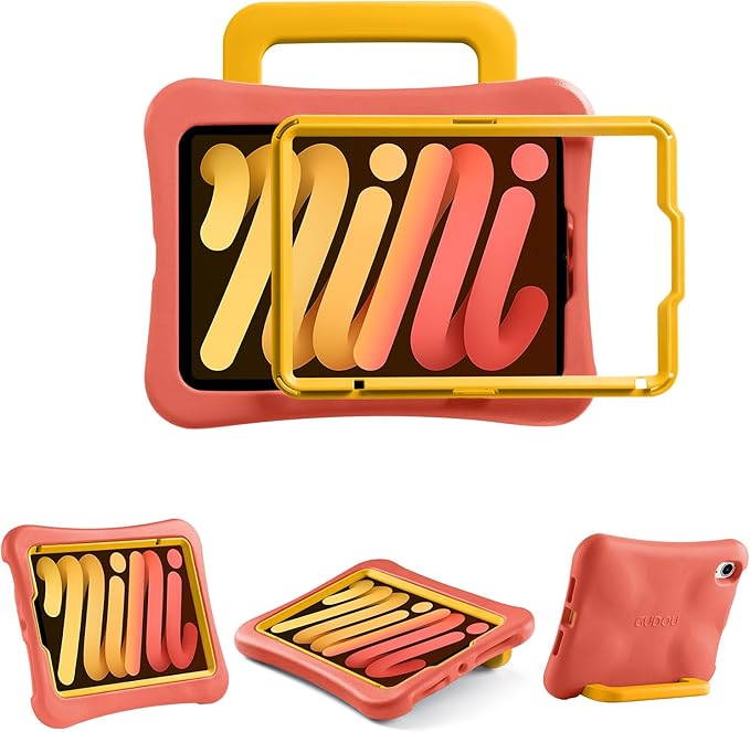 Kids Case for iPad mini 7 (A17 Pro) 2024 /iPad Mini6 2021, Light Weight Heavy Duty/Shockproof/Drop Proof with Handle/Kickstand, Child Friendly Cover for iPad mini 7th/6th Gen 8.3inch (Red Yellow)