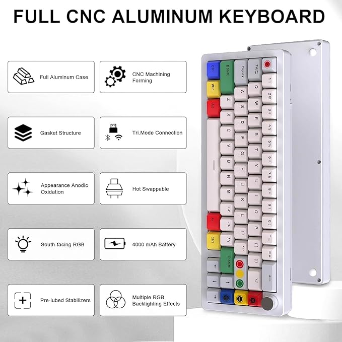 BOYI GMK67 65% Aluminum Alloy Mechanical Keyboard,Hot-Swappable BT5.0/Type-C/2.4G Wireless,CNC Metal Gasket Mounted South-Facing LED RGB Gaming Keyboard with Dye-Sub PBT Grey Beige Keycaps