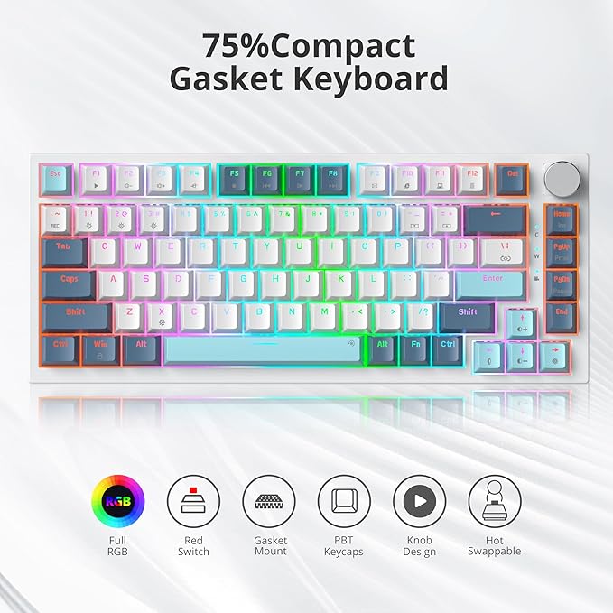 75% Wired Creamy Keyboard, Hot Swappable Mechanical Gaming Keyboard with Gasket Mounted, RGB Backlit, Red Switch, Knob Control for Win Pc Laptop(82White)