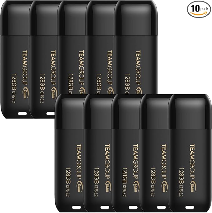 TEAMGROUP C175 128GB 10 Pack USB 3.2 Gen 1 (USB 3.1/3.0) Read 100MB/s Flash Thumb Drive, External Data Storage Memory Stick Compatible with Computer/Laptop Matte Black TC1753128GB23