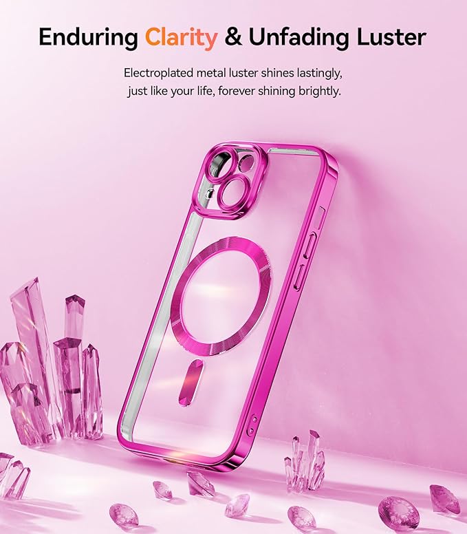 Meifigno for iPhone 15 Case 6.1", [Glitter Card & Wrist Strap] [Compatible with MagSafe] [2X Screen Protectors] Surround Raised Camera Lens Protection for iPhone 15 Case, Hot Pink