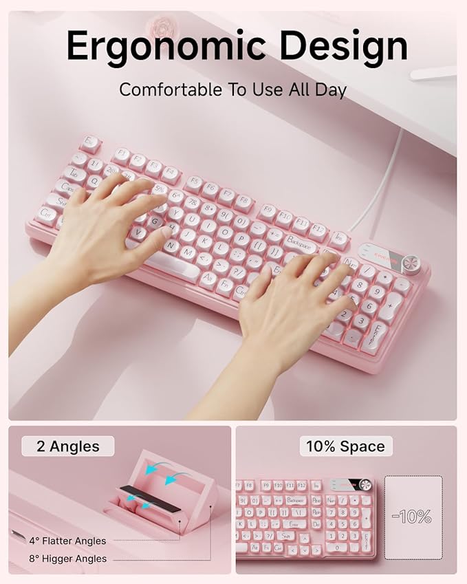 EWEADN V102 Wired Keyboard, 98 Keys Creamy Gaming Keyboard with Number Pad, Display Screen & Media Knob RGB Silent Wired Cute Computer Keyboard for Laptop PC Gamer - Pink