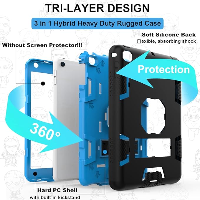 CCMAO iPad mini 5 Case 2019, iPad mini 4 Case 2015, Heavy Duty Shockproof Hybrid Protective Cover for iPad mini 5th/4th Generation 7.9 inch, Black+Sky Blue