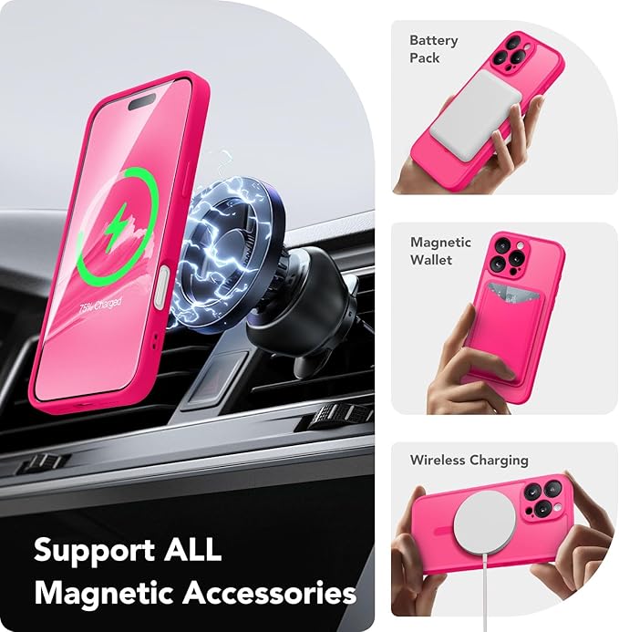 CAPRARO Magnetic Compatible with iPhone 16 Pro Case, Upgraded [Full Camera Protection] [Compatible with MagSafe] Protective Translucent Matte Women Girl Phone Case Cover, Hot Pink