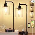Industrial Touch Table Lamps for Bedrooms Set of 2 - 3-Way Dimmable Lamps with USB C+A Ports and Outlet, Black Bedside Lamps with Seeded Clear Glass Shade for Living Room, Desk Lamps for Home Office