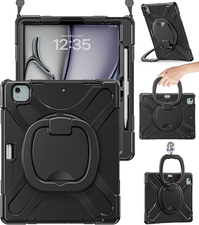BRAECN for iPad Air 13 Inch Case M4 2026/M3 2025/M2 2024, Rugged iPad Pro 12.9 Inch 6th/5th/4th/3rd Gen Cover with Kickstand, Swivel Handle Grip, Shoulder Strap, Apple Pencil Charging Holder, Black
