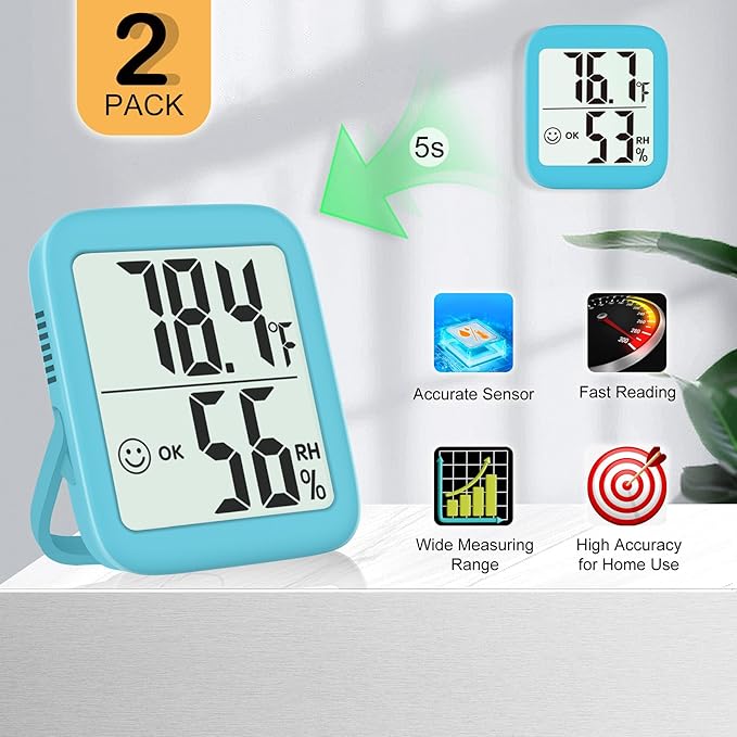 Antonki 2 Pack Room Thermometer for Home, Hygrometer Indoor Humidity Meter Gauge, Digital Temperature and Humidity Monitor Sensor for House, Terrarium, Incubator, Greenhouse - Battery Included