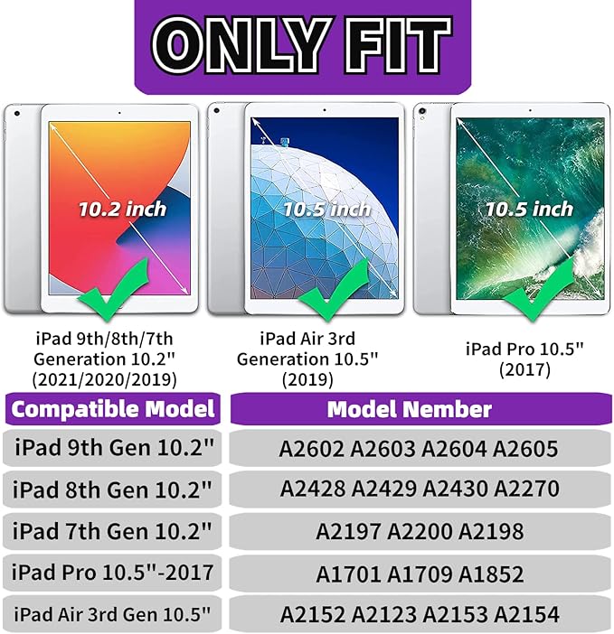 Kids Case for iPad 10.2 & 10.5, iPad 9th/8th/7th Generation 10.2" 2021 2020 2019 Case with Screen Protector, iPad Air 3rd Gen/Pro 10.5 inch Protective Cover with Handle Stand, Purple