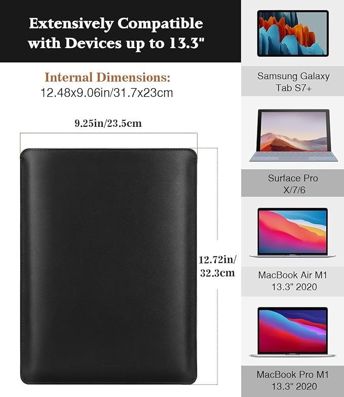 MoKo Laptop Sleeve Compatible with MacBook Air 13.3 M5/4/3/2/1, 13-in Mac Pro M2/M1 & MacBook Neo A18, PU Leather Notebook Computer Protective Carrying Bag Slim Stylish Case Pouch, Black