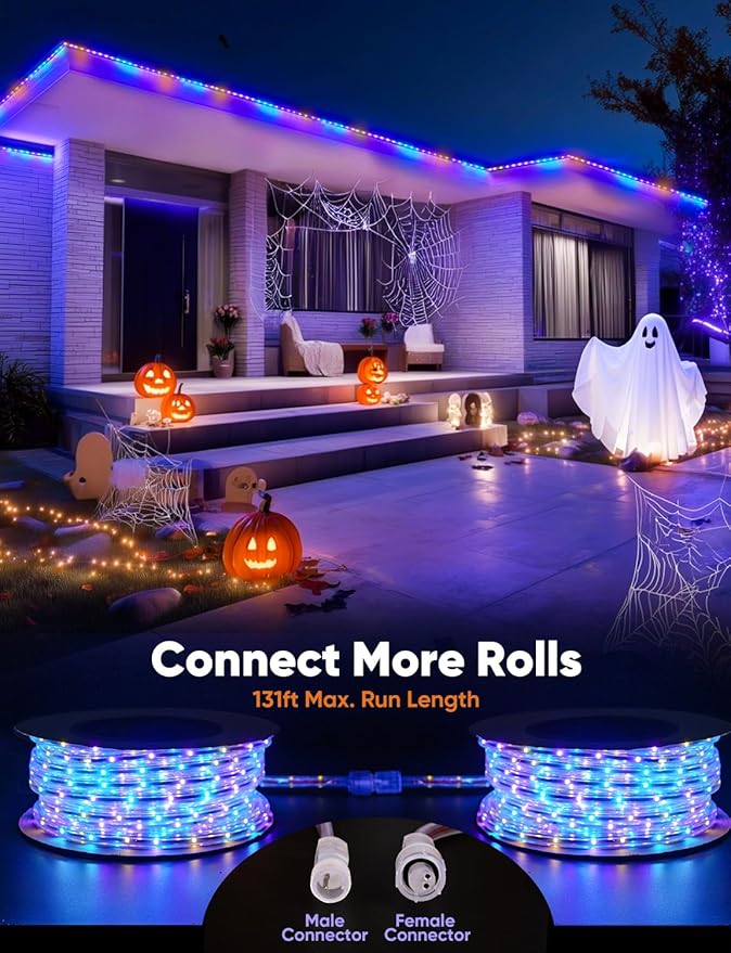 65FT Outdoor LED Strip Lights RGB+IC with Warm&Cool White, ETL Listed Music Sync Light Strip AC 120V, IP65 Waterproof and Connectable, for Party Festival Eave Porch Patio Every Day Decor