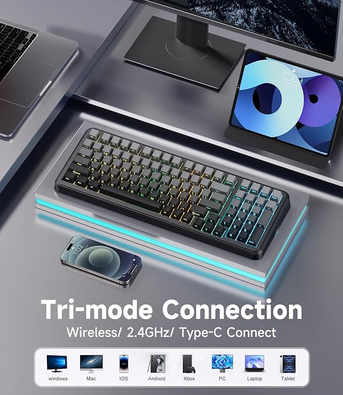 MCHOSE K99 98% Wireless Mechanical Keyboard, Tri-Mode Connection, Compact Gaming Keyboard with Six-Layer Padding Gasket, RGB Backlit,Hot Swappable Custom Keyboard for Mac/PC