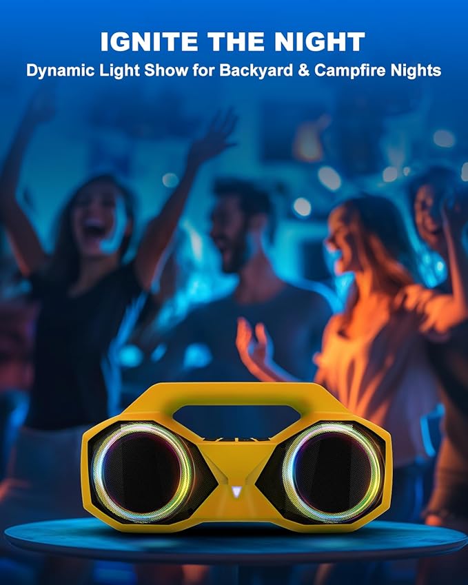 OZJ Bluetooth Speaker 80W(Peak) Loud with Bass, 20H Playtime, IPX7 Waterproof, RGB Lights, TWS, Large Portable Wireless Speakers for Outdoor, Home, Party, Pool, Beach, Tailgating, Gym, Work (Yellow)
