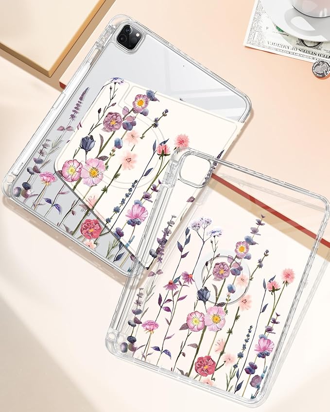Shorogyt for iPad Air 13 Inch (M4) 2026/ M3 2025 & M2 2024 /for i Pad Pro 12.9 inch (3/4/5/6th Gen) for Magnetic Stand for Women - Cute 360 Rotating Covers Girls with Pencil Holder, Color Flower