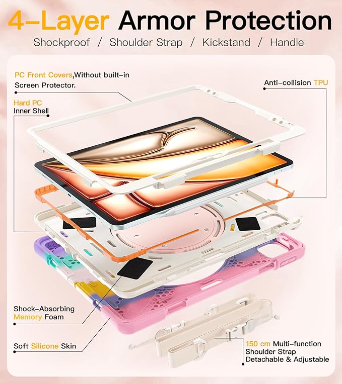 BRAECN for iPad Air 13 Inch Case M4 2026/M3 2025/M2 2024 & iPad Pro 12.9 Case (6th/5th4th/3rd Gen), Heavy Duty Silicone Cover with 360° Swivel Kickstand, Shoulder Strap, Pencil Holder, Colorful Pink
