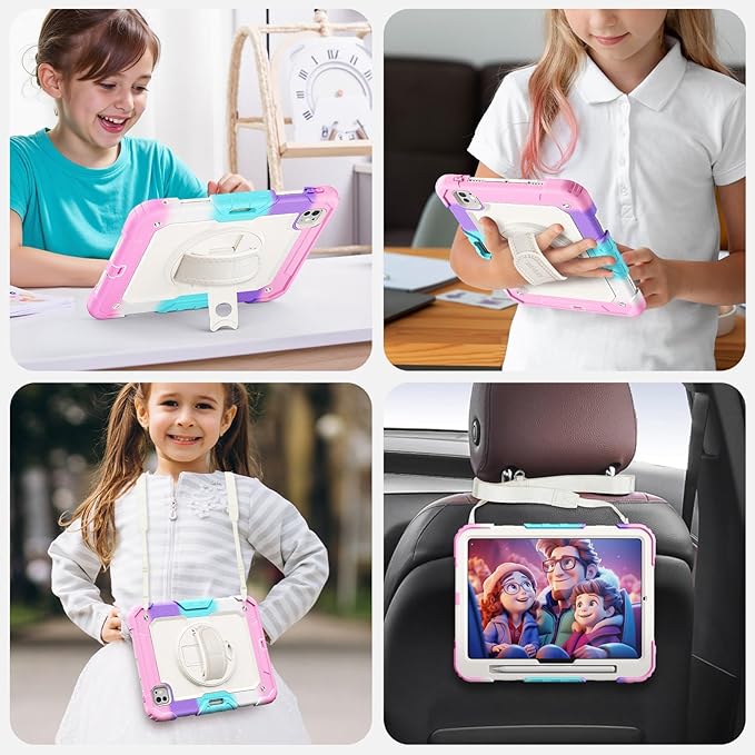 SEYMAC for iPad Pro 11 Inch Case M5 2025 / M4 2024, Heavy Duty Shockproof Protective Case with Screen Protector, 360° Rotating Stand, Hand/Shoulder Strap and Pen Holder, Colorful Pink